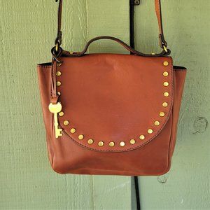 FOSSIL Tan Brown Leather Crossbody Flap Bag